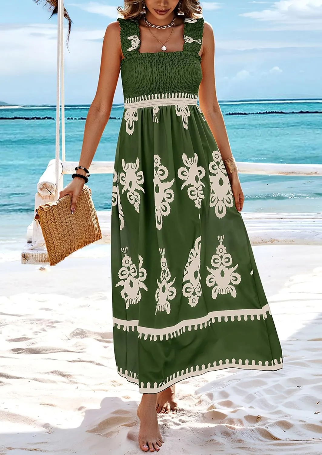 PRETTYGARDEN Womens Summer Boho Maxi Dress 2025 Casual Sleeveless Square Neck Floral Aline Smocked Beach Dresses with Pockets