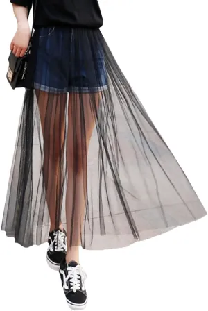 Queena Women's Stretchy Sheer Mesh Long Skirt Tulle Maxi Skirt See Through Beachwear Bikini Cover Up