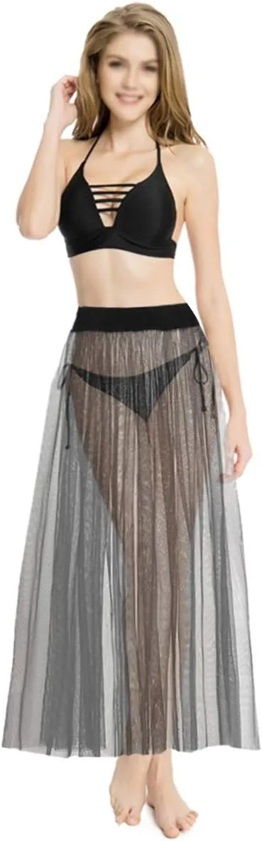 Queena Women's Stretchy Sheer Mesh Long Skirt Tulle Maxi Skirt See Through Beachwear Bikini Cover Up