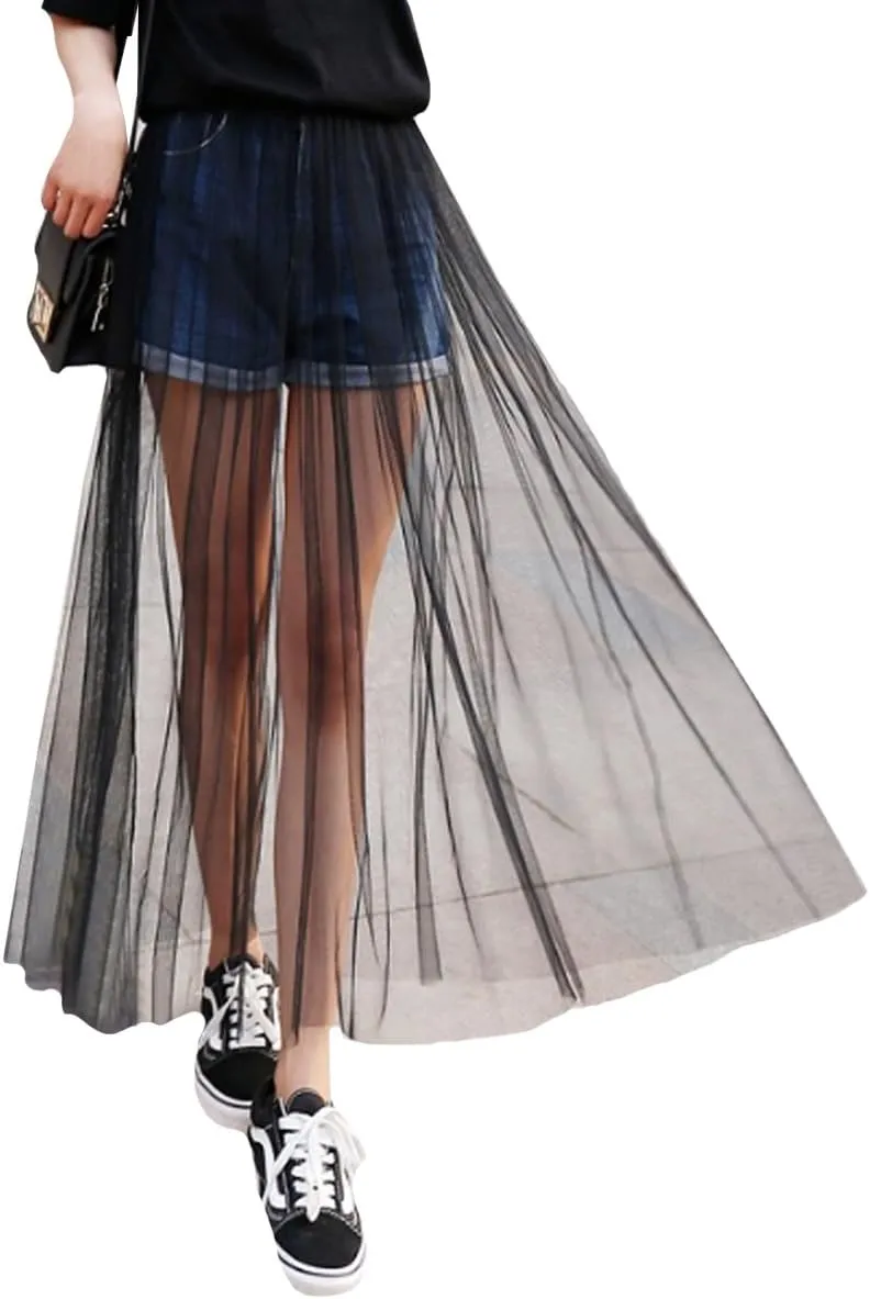 Queena Women's Stretchy Sheer Mesh Long Skirt Tulle Maxi Skirt See Through Beachwear Bikini Cover Up