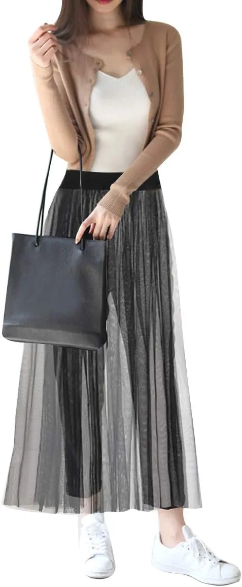 Queena Women's Stretchy Sheer Mesh Long Skirt Tulle Maxi Skirt See Through Beachwear Bikini Cover Up
