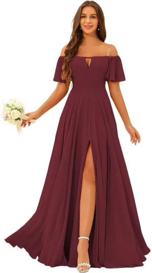 Raseal Off The Shoulder Chiffon Bridesmaid Dress Split A Line Pleats Bridesmaid Dress Long for Women with Pockets RS047