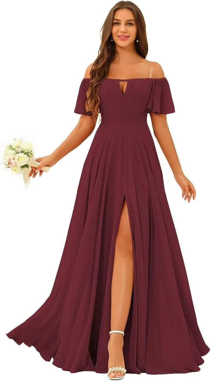 Raseal Off The Shoulder Chiffon Bridesmaid Dress Split A Line Pleats Bridesmaid Dress Long for Women with Pockets RS047