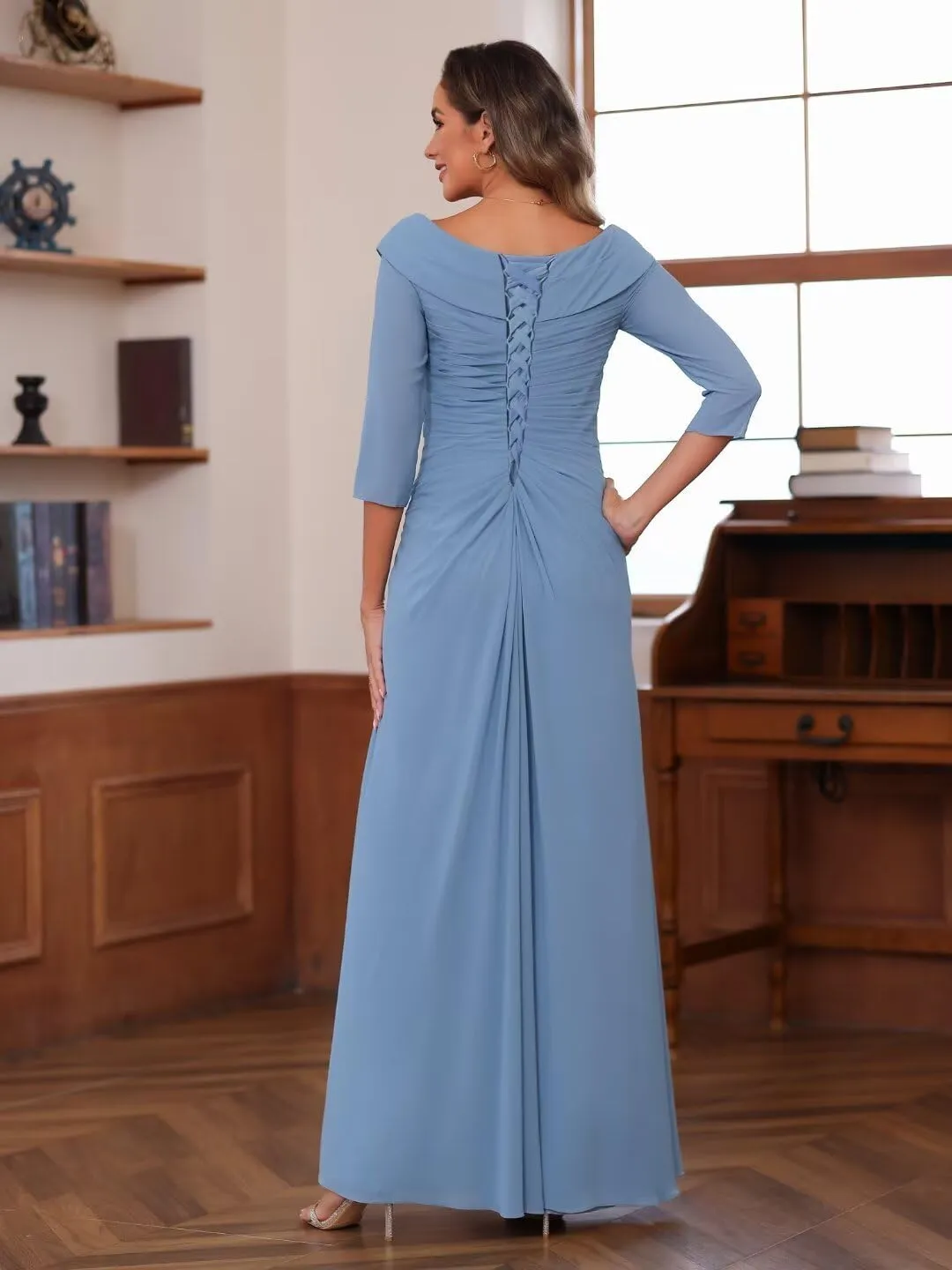 RSOETOO Chiffon Mother of The Bride Dresses for Wedding Long with 3/4 Sleeves Ruffles Applique Formal Dress RO187