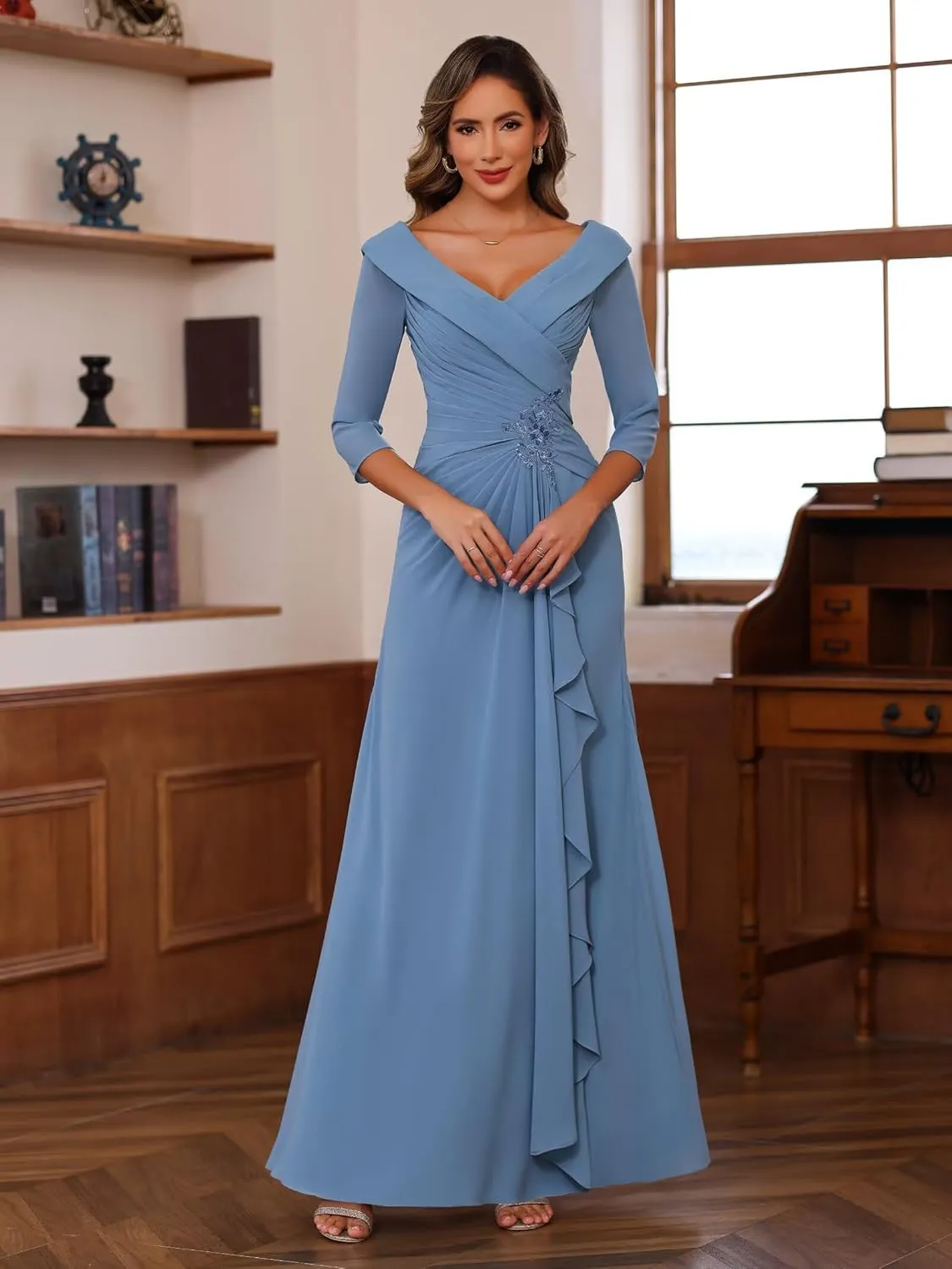 RSOETOO Chiffon Mother of The Bride Dresses for Wedding Long with 3/4 Sleeves Ruffles Applique Formal Dress RO187