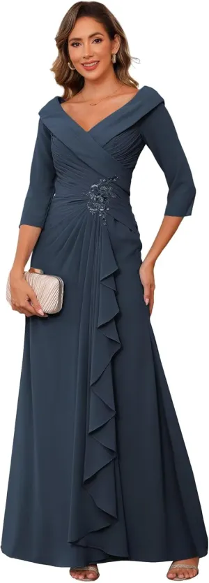 RSOETOO Chiffon Mother of The Bride Dresses for Wedding Long with 3/4 Sleeves Ruffles Applique Formal Dress RO187