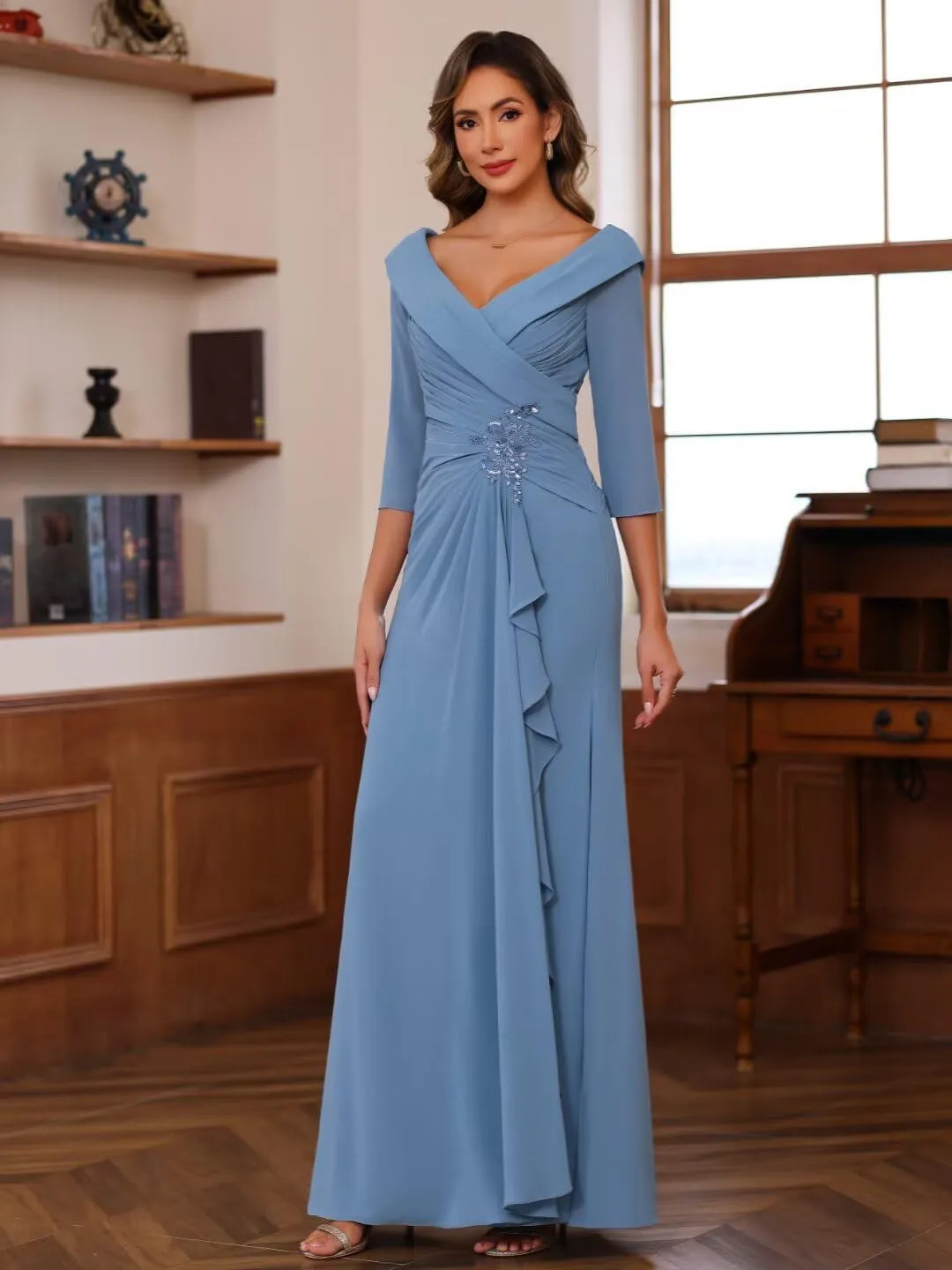 RSOETOO Chiffon Mother of The Bride Dresses for Wedding Long with 3/4 Sleeves Ruffles Applique Formal Dress RO187