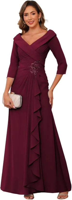 RSOETOO Chiffon Mother of The Bride Dresses for Wedding Long with 3/4 Sleeves Ruffles Applique Formal Dress RO187