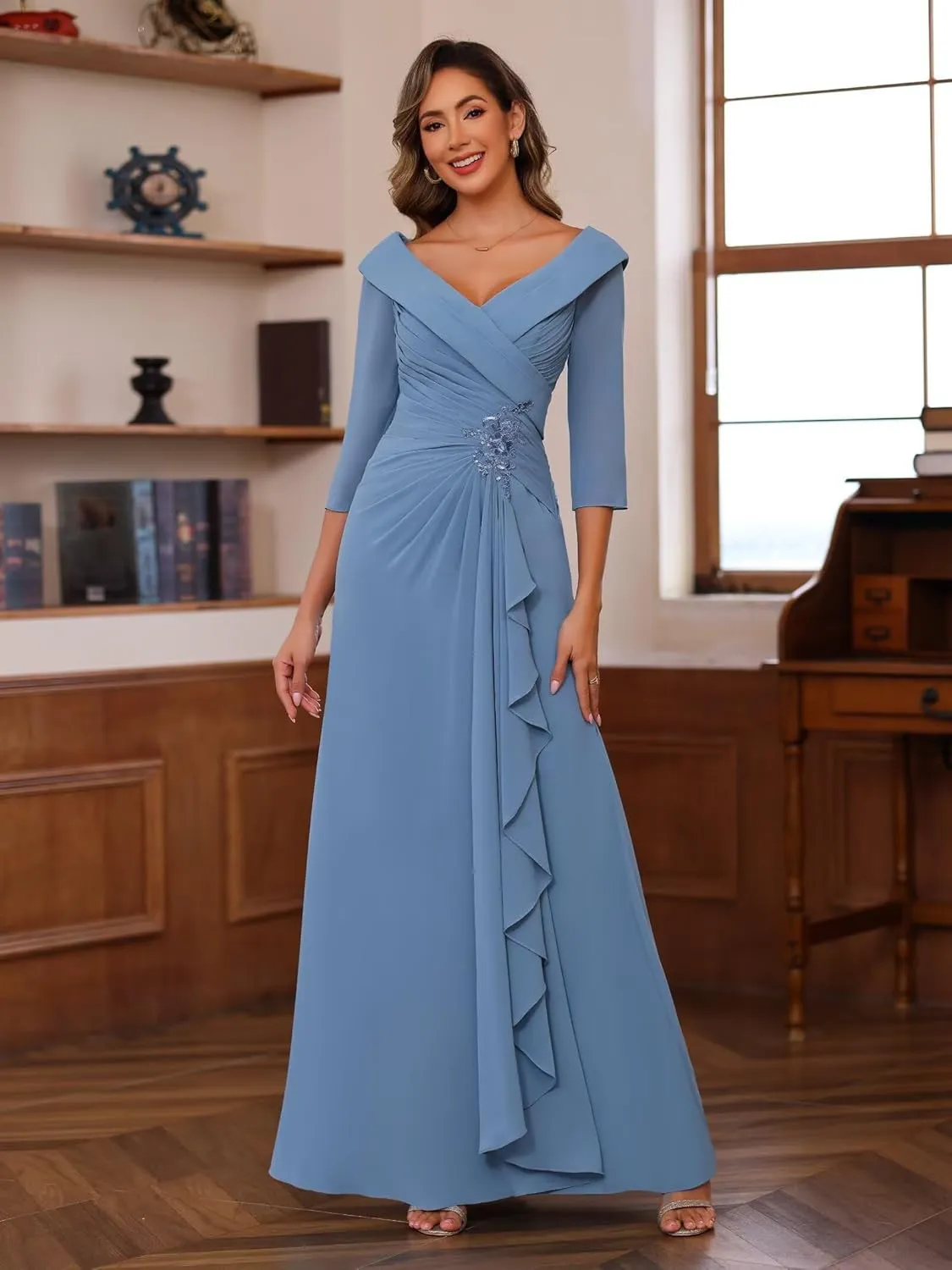 RSOETOO Chiffon Mother of The Bride Dresses for Wedding Long with 3/4 Sleeves Ruffles Applique Formal Dress RO187