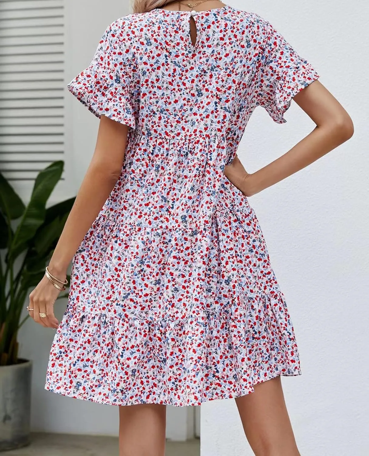 RUCZDSV Summer Dress for Women 2023 Short Sleeve Round Neck Floral Mini Dress