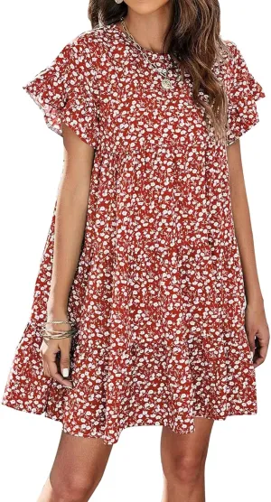 RUCZDSV Summer Dress for Women 2023 Short Sleeve Round Neck Floral Mini Dress