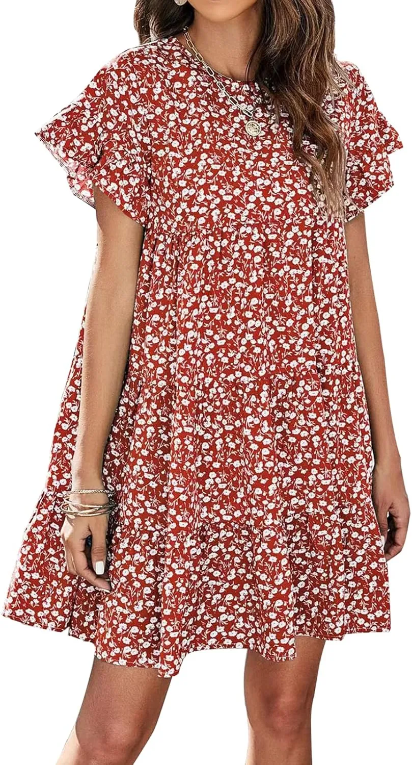 RUCZDSV Summer Dress for Women 2023 Short Sleeve Round Neck Floral Mini Dress