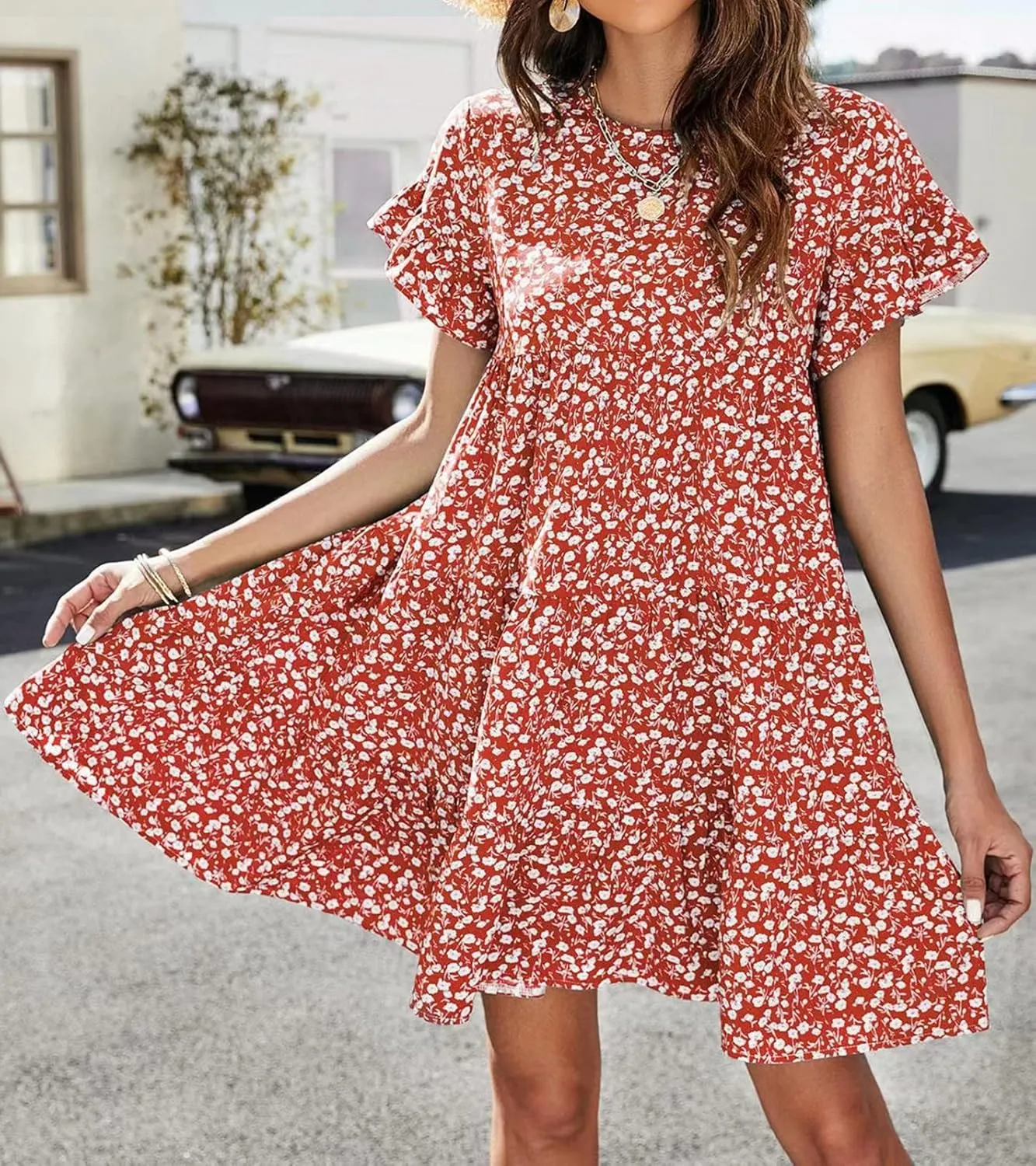 RUCZDSV Summer Dress for Women 2023 Short Sleeve Round Neck Floral Mini Dress
