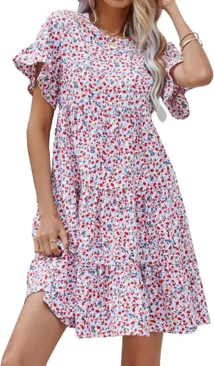RUCZDSV Summer Dress for Women 2023 Short Sleeve Round Neck Floral Mini Dress