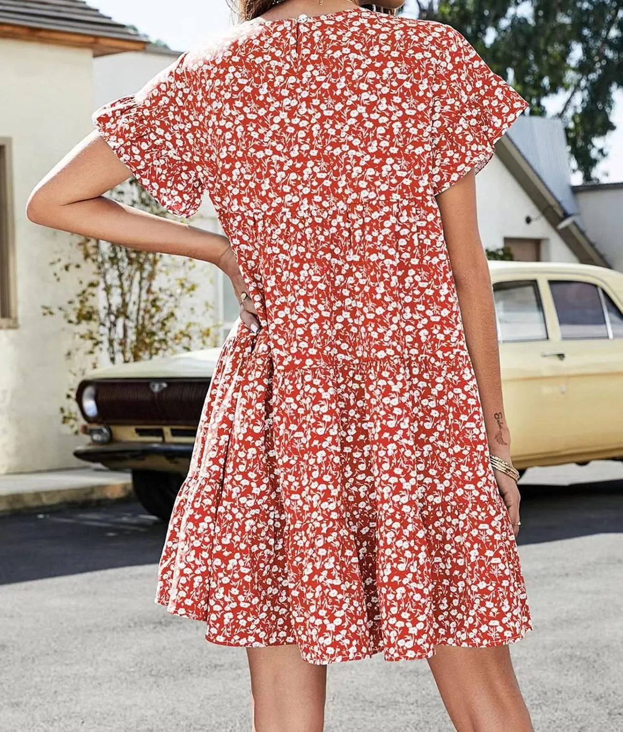 RUCZDSV Summer Dress for Women 2023 Short Sleeve Round Neck Floral Mini Dress