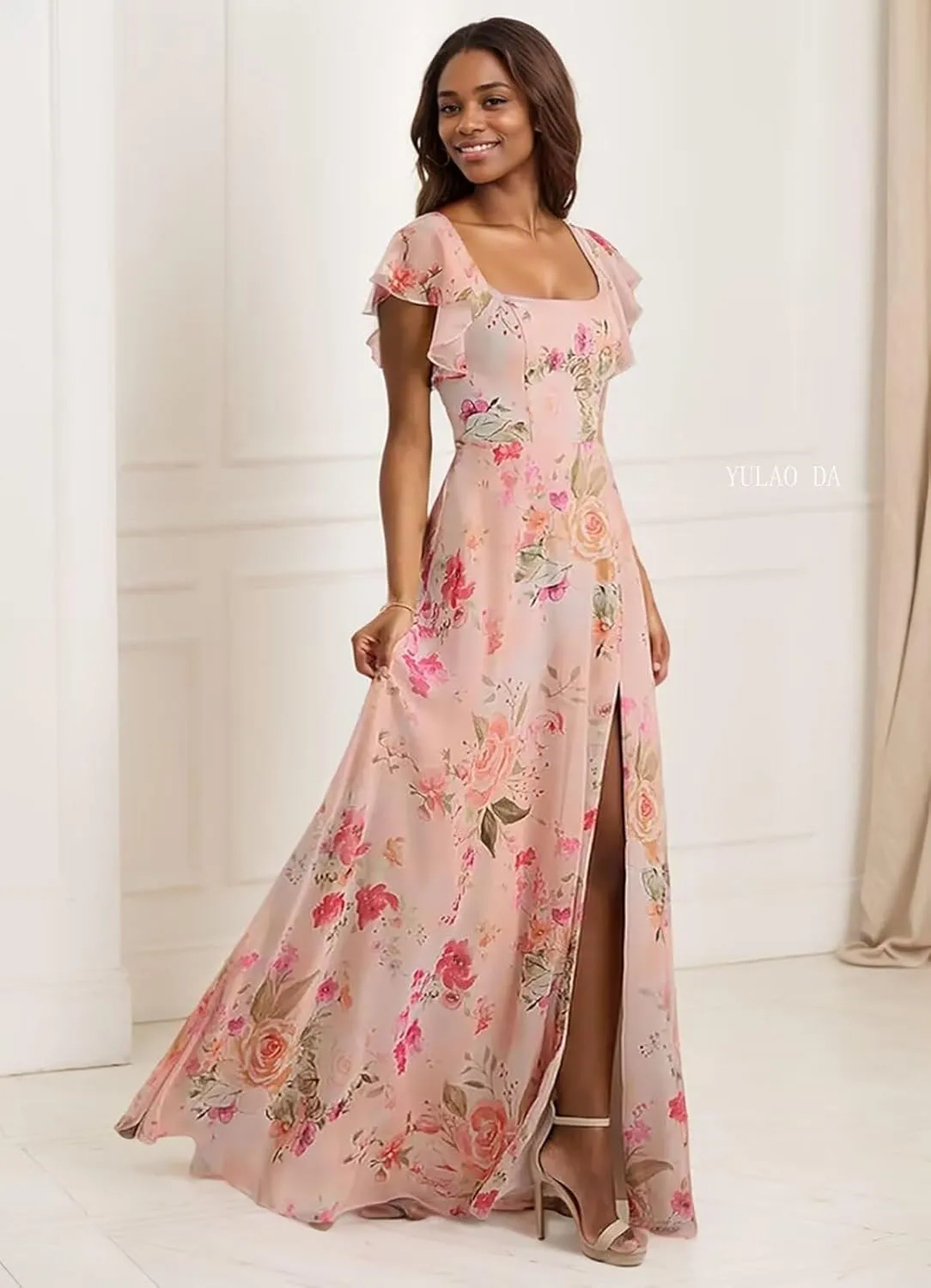 Ruffle Sleeve Bridesmaid Dress with Slit Square Neck Cocktail Dresses Chiffon Black Ball Gown for Women