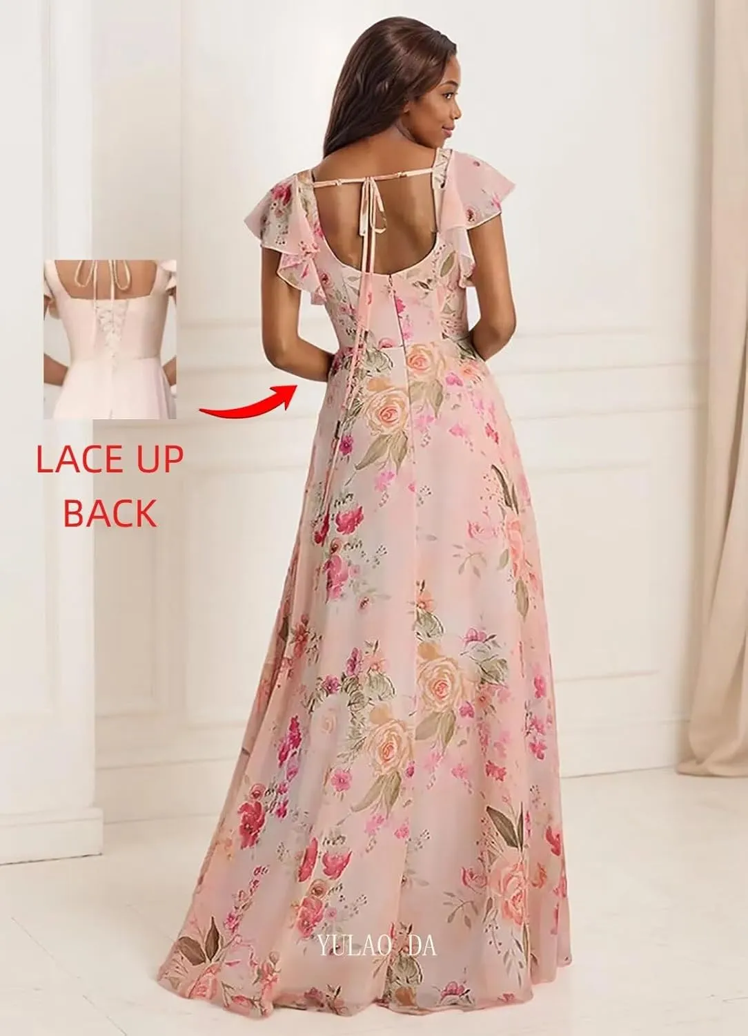 Ruffle Sleeve Bridesmaid Dress with Slit Square Neck Cocktail Dresses Chiffon Black Ball Gown for Women