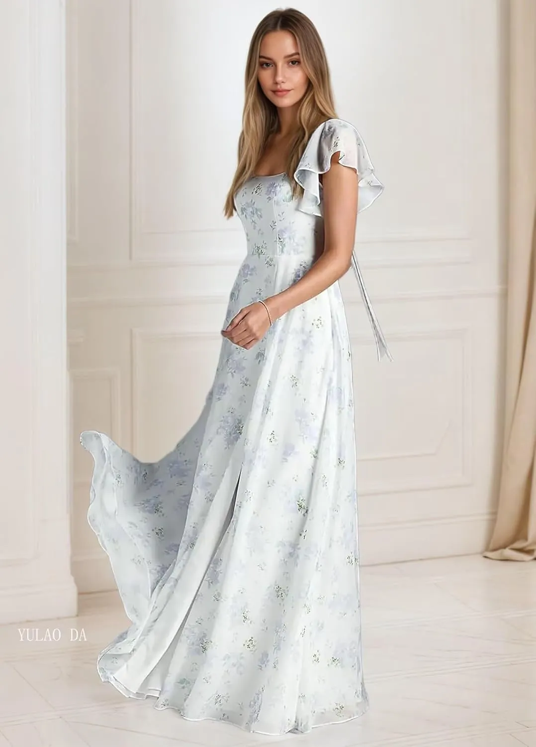 Ruffle Sleeve Bridesmaid Dress with Slit Square Neck Cocktail Dresses Chiffon Black Ball Gown for Women