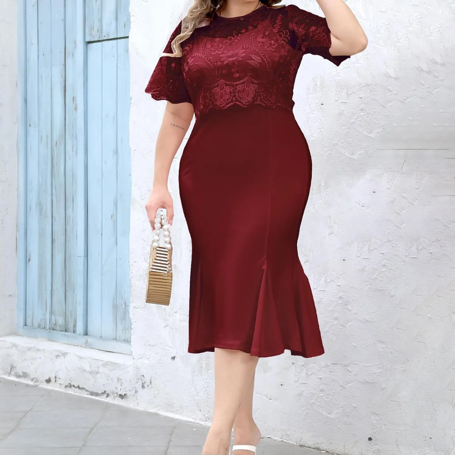 sath Floral Embroidered Wrap Midi Pencil Dress Short Sleeves Summer Weddings Cocktail Parties Plus Size Lace Dress for Women
