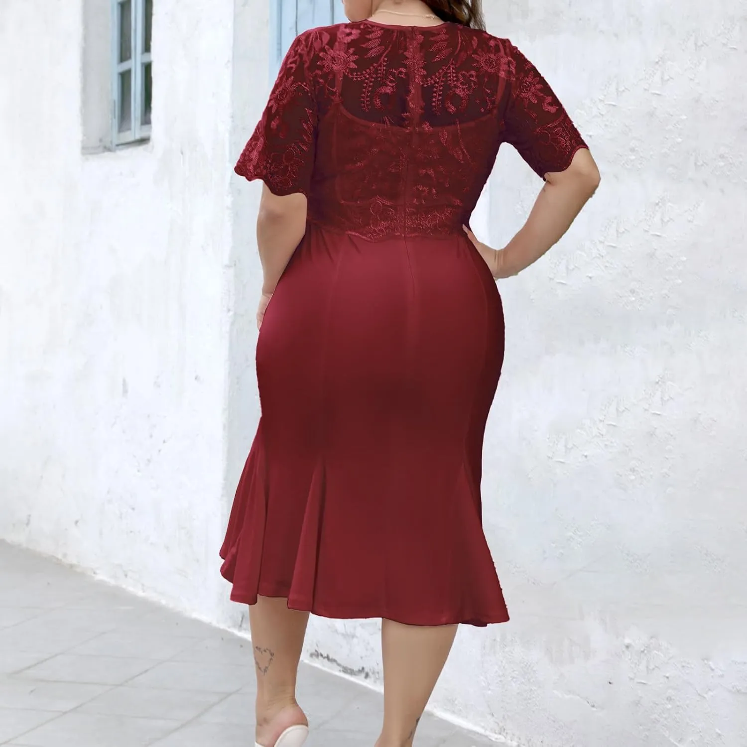 sath Floral Embroidered Wrap Midi Pencil Dress Short Sleeves Summer Weddings Cocktail Parties Plus Size Lace Dress for Women