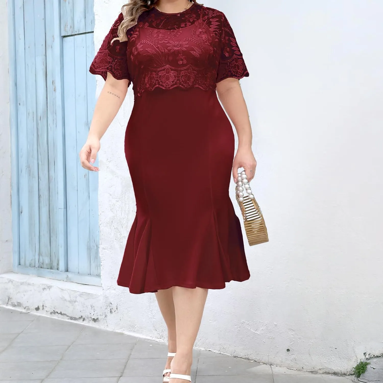 sath Floral Embroidered Wrap Midi Pencil Dress Short Sleeves Summer Weddings Cocktail Parties Plus Size Lace Dress for Women