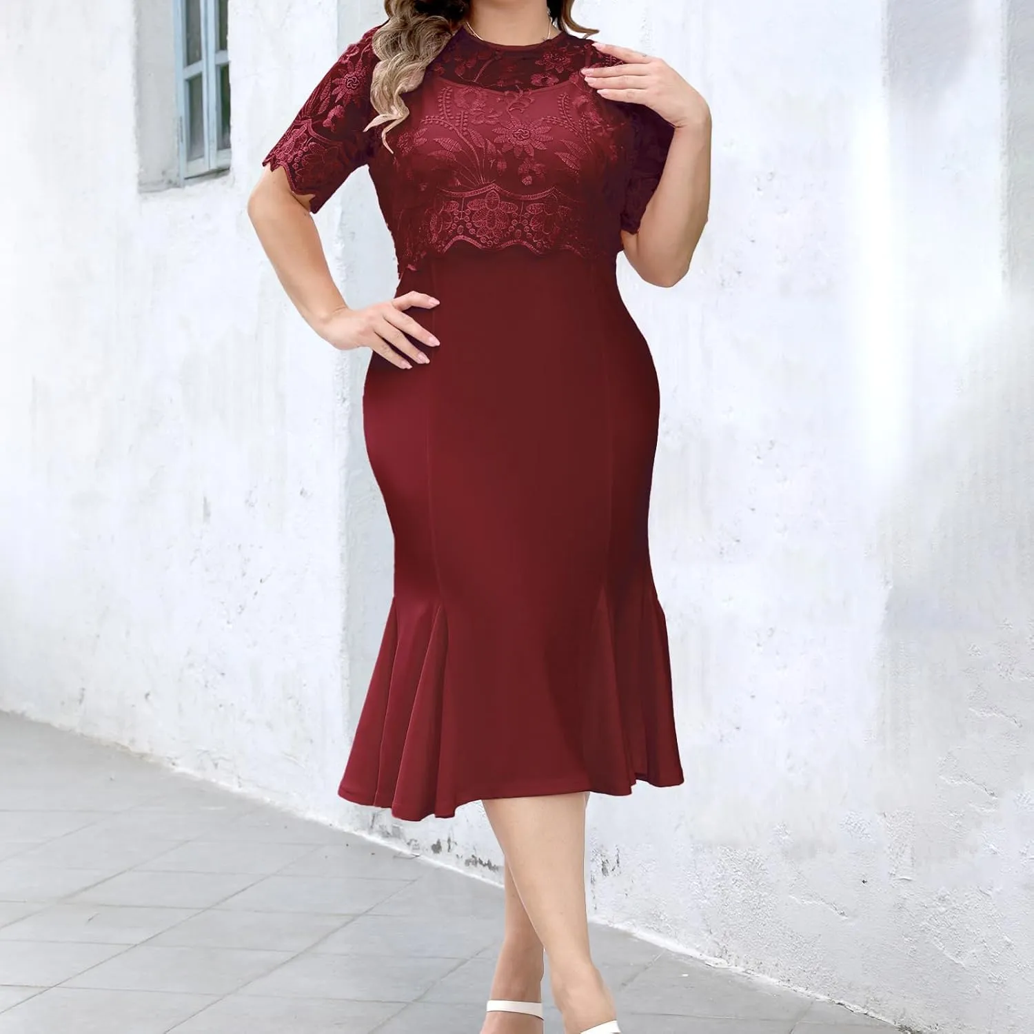 sath Floral Embroidered Wrap Midi Pencil Dress Short Sleeves Summer Weddings Cocktail Parties Plus Size Lace Dress for Women