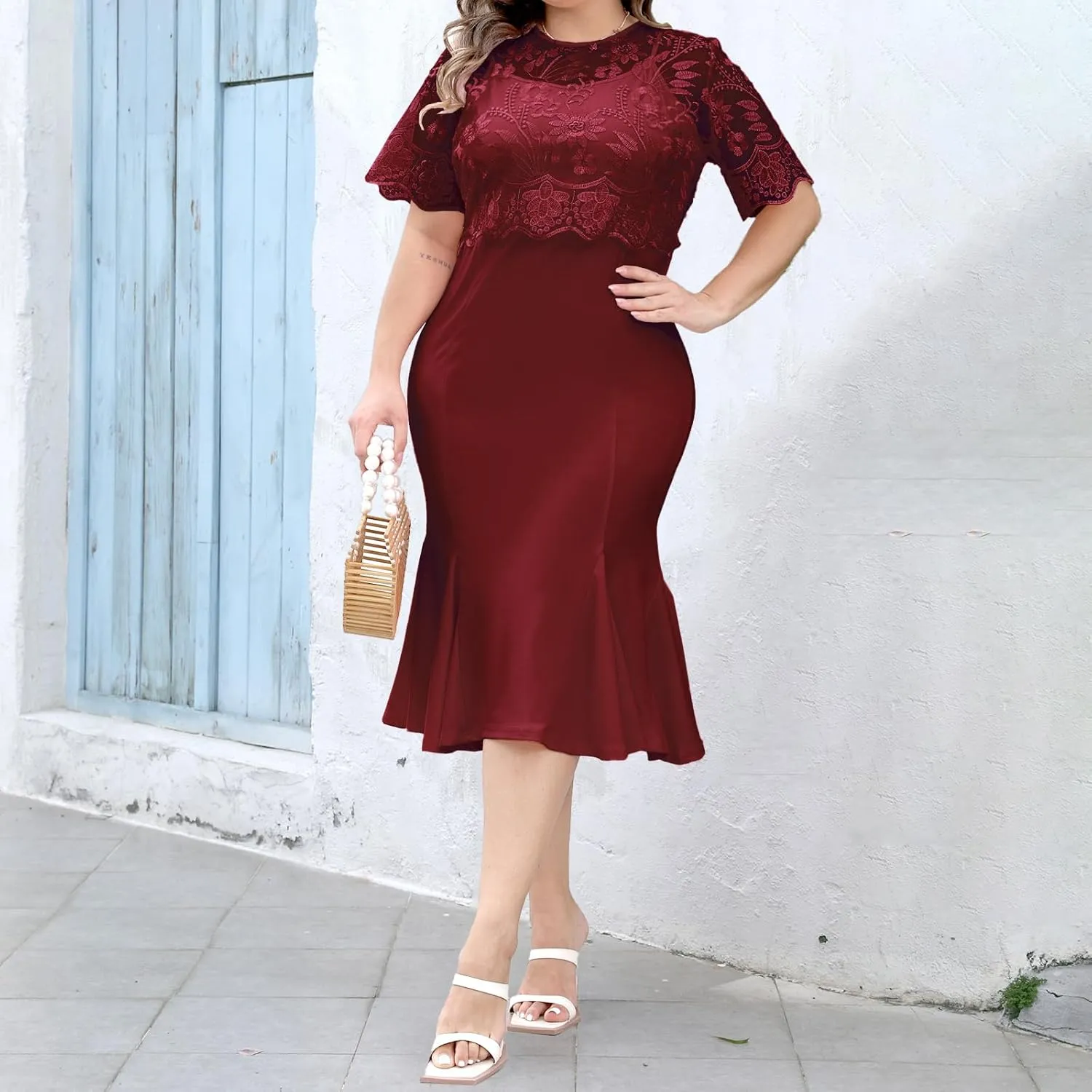 sath Floral Embroidered Wrap Midi Pencil Dress Short Sleeves Summer Weddings Cocktail Parties Plus Size Lace Dress for Women