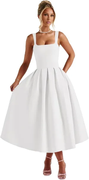 Satin Midi Prom Dresses for Women 2025 Pleated A Line Sleeveless Formal Evening Gowns with Pockets