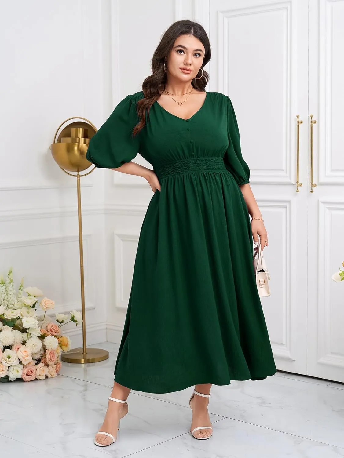 SCOMCHIC Women Plus Size Dresses V Neck 3/4 Sleeve Smocked High Waist Summer Flowy A Line Maxi Dress