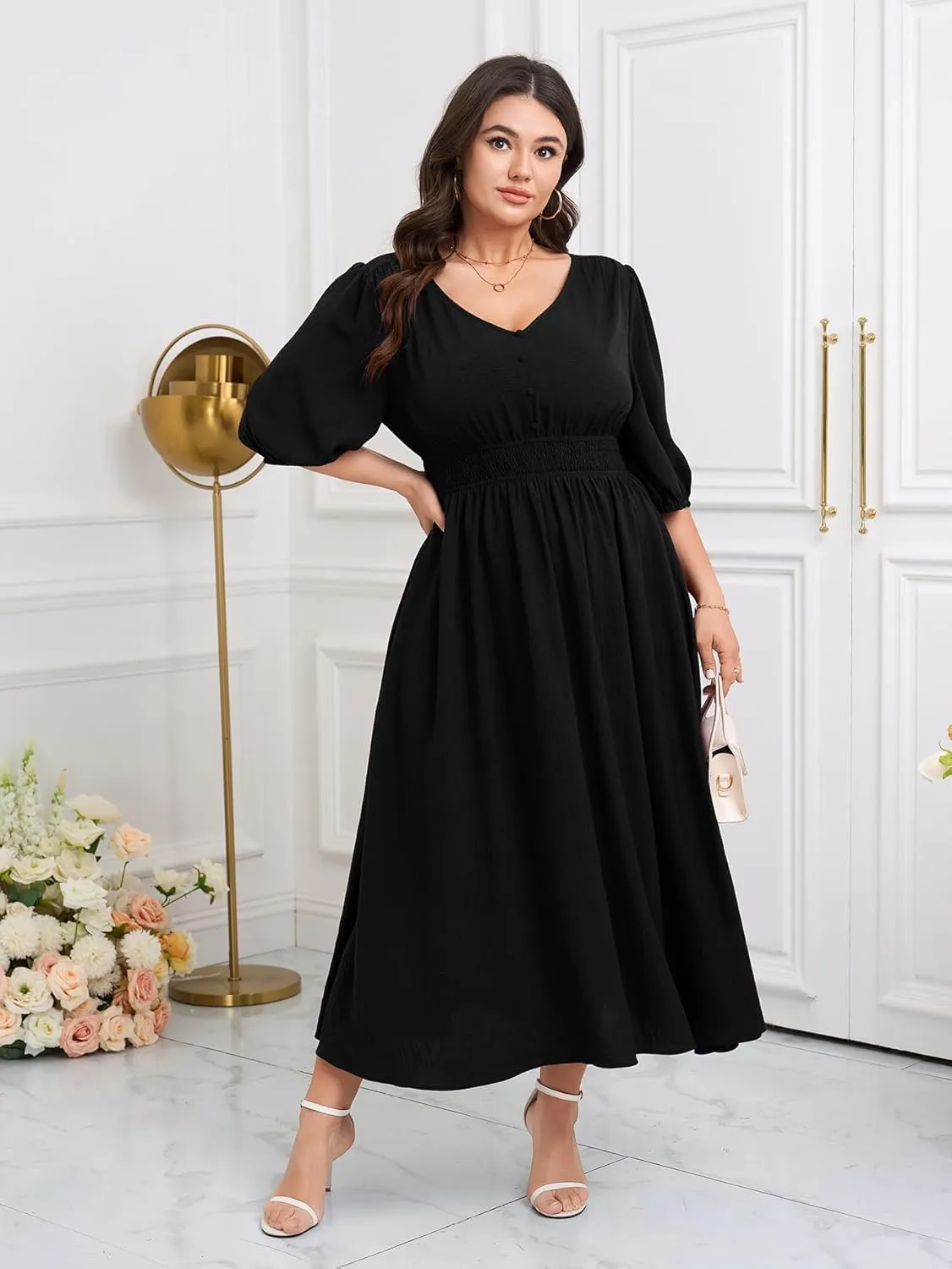 SCOMCHIC Women Plus Size Dresses V Neck 3/4 Sleeve Smocked High Waist Summer Flowy A Line Maxi Dress
