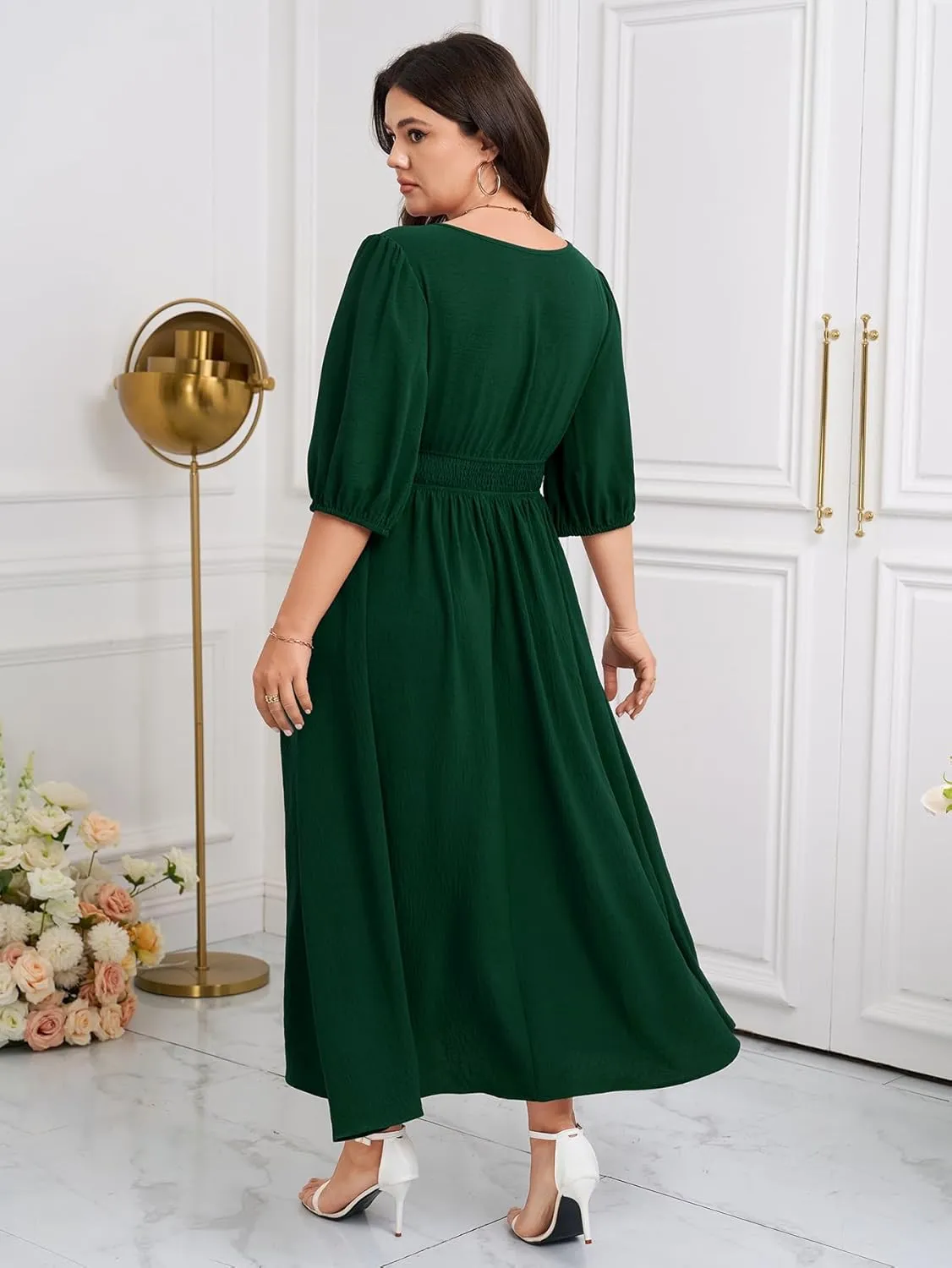 SCOMCHIC Women Plus Size Dresses V Neck 3/4 Sleeve Smocked High Waist Summer Flowy A Line Maxi Dress