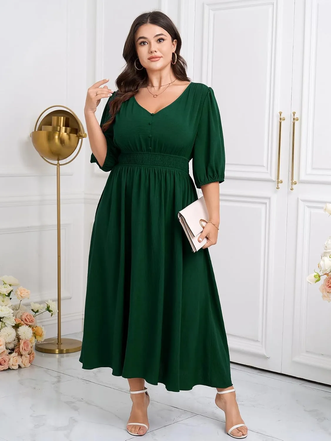 SCOMCHIC Women Plus Size Dresses V Neck 3/4 Sleeve Smocked High Waist Summer Flowy A Line Maxi Dress