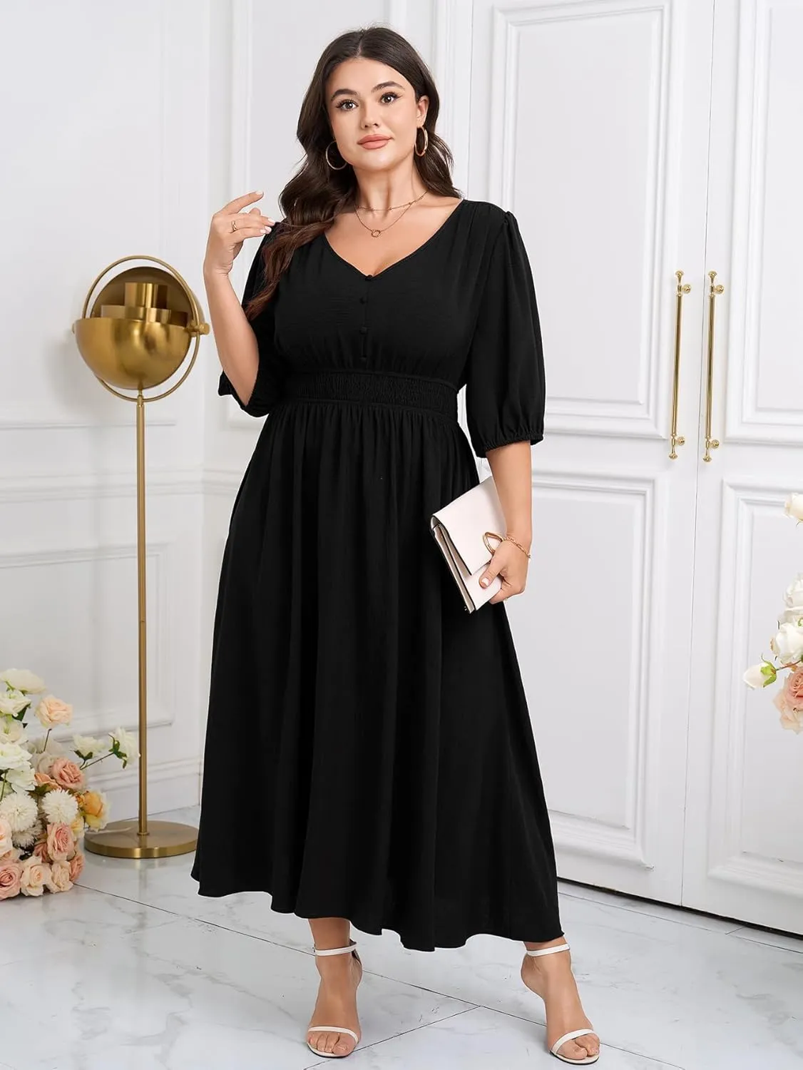 SCOMCHIC Women Plus Size Dresses V Neck 3/4 Sleeve Smocked High Waist Summer Flowy A Line Maxi Dress