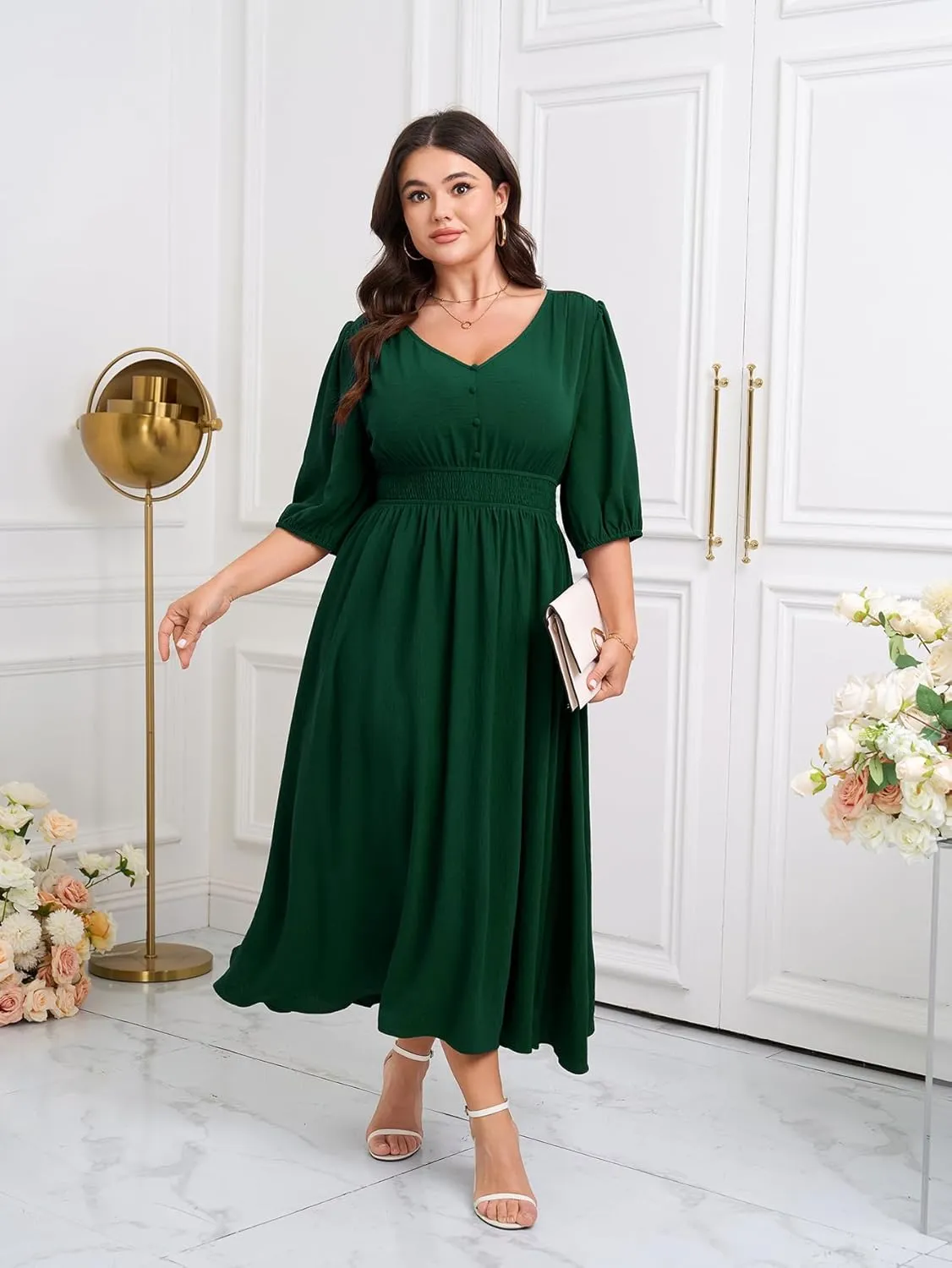 SCOMCHIC Women Plus Size Dresses V Neck 3/4 Sleeve Smocked High Waist Summer Flowy A Line Maxi Dress