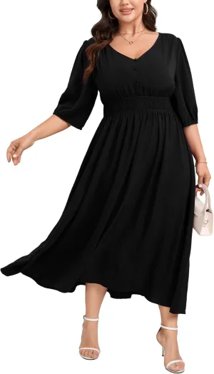 SCOMCHIC Women Plus Size Dresses V Neck 3/4 Sleeve Smocked High Waist Summer Flowy A Line Maxi Dress