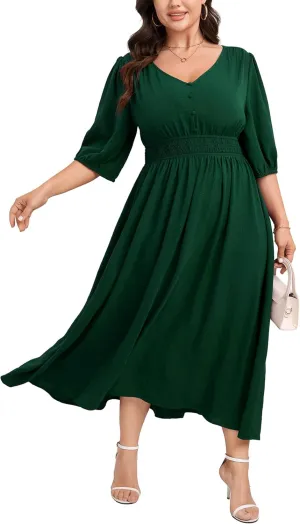 SCOMCHIC Women Plus Size Dresses V Neck 3/4 Sleeve Smocked High Waist Summer Flowy A Line Maxi Dress