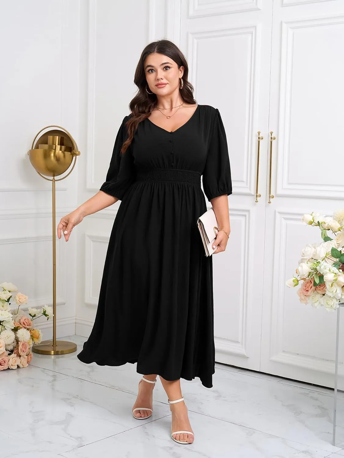 SCOMCHIC Women Plus Size Dresses V Neck 3/4 Sleeve Smocked High Waist Summer Flowy A Line Maxi Dress