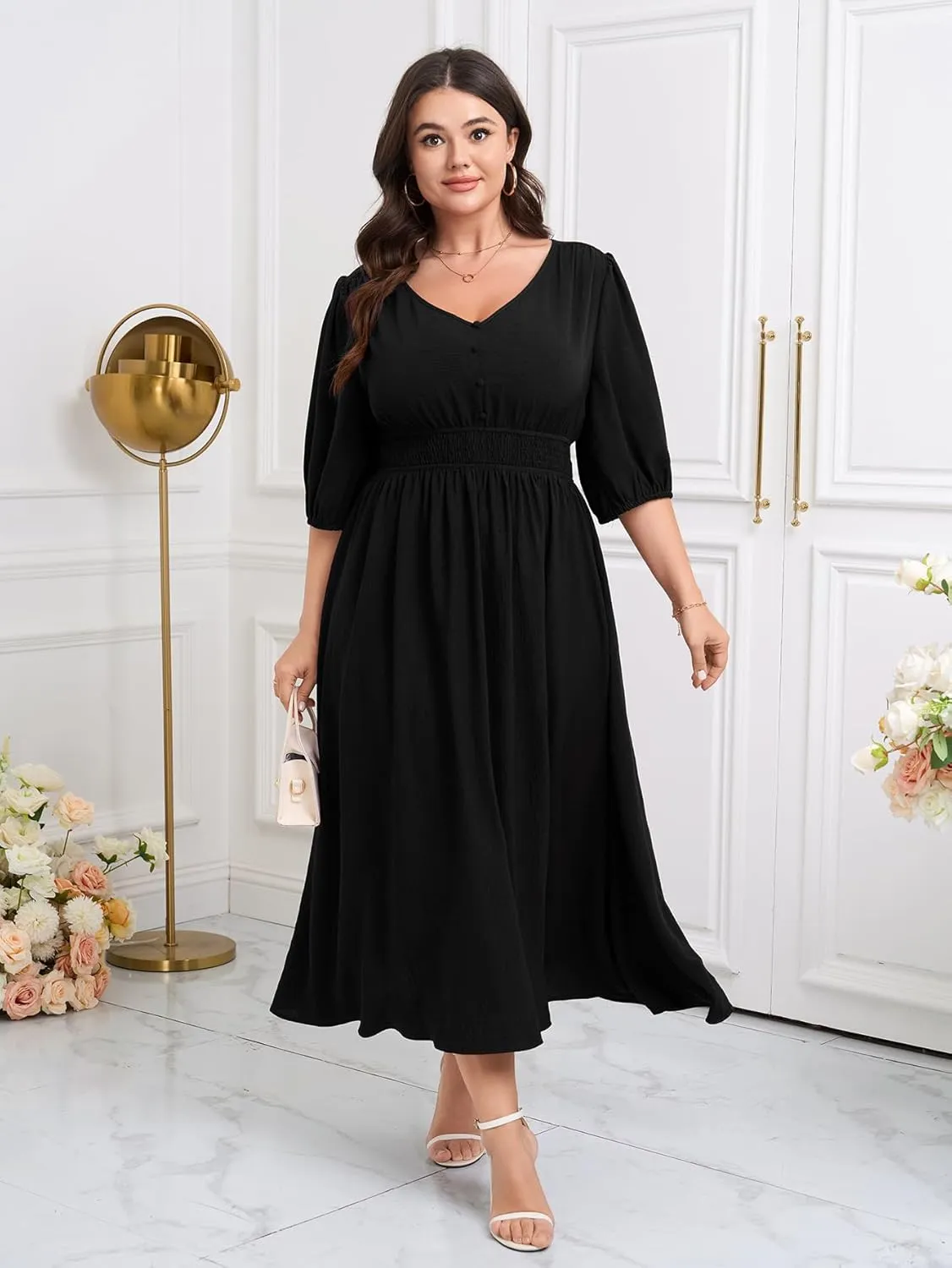 SCOMCHIC Women Plus Size Dresses V Neck 3/4 Sleeve Smocked High Waist Summer Flowy A Line Maxi Dress