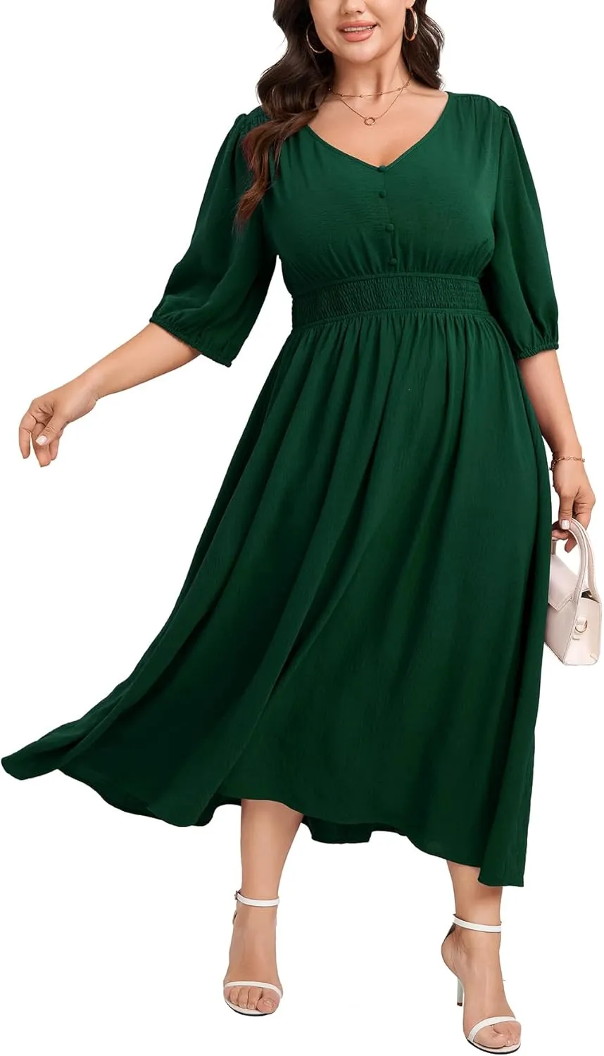 SCOMCHIC Women Plus Size Dresses V Neck 3/4 Sleeve Smocked High Waist Summer Flowy A Line Maxi Dress
