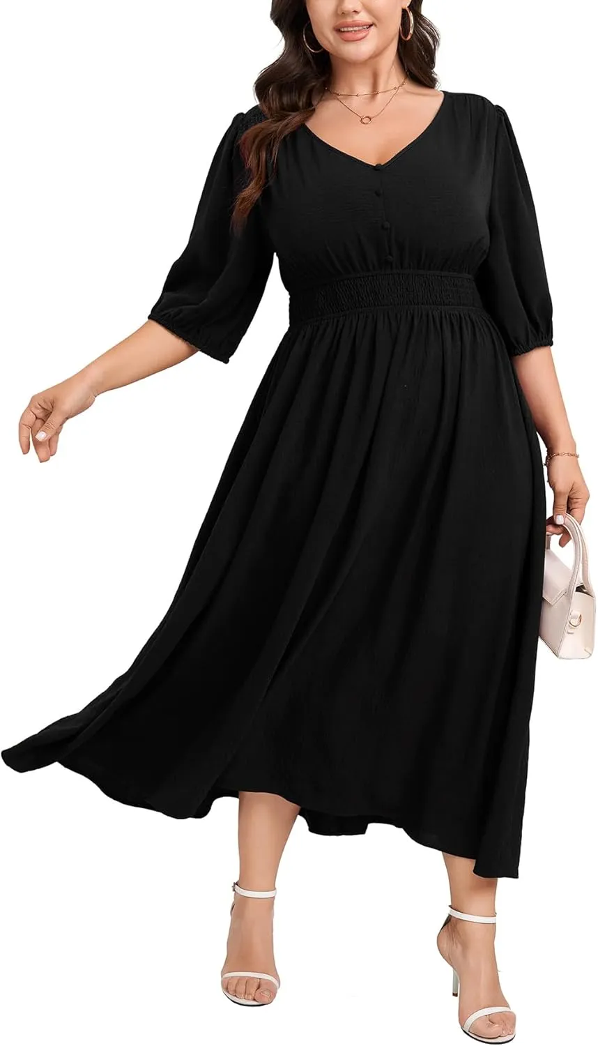 SCOMCHIC Women Plus Size Dresses V Neck 3/4 Sleeve Smocked High Waist Summer Flowy A Line Maxi Dress