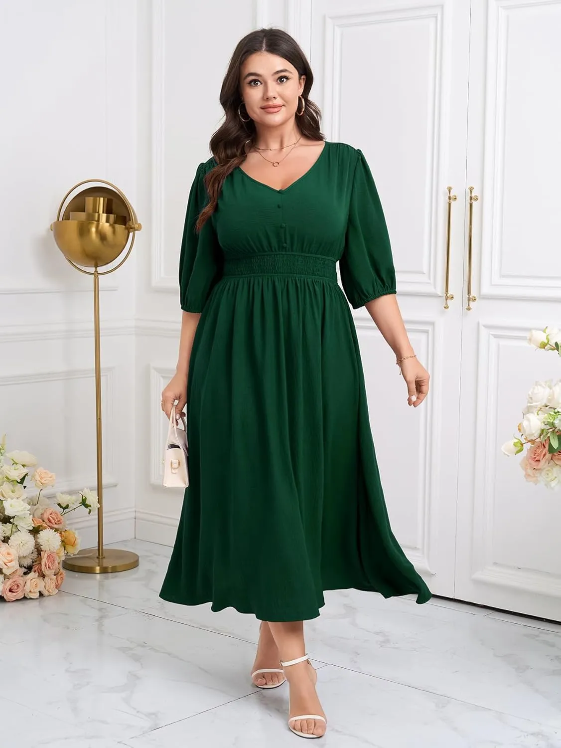 SCOMCHIC Women Plus Size Dresses V Neck 3/4 Sleeve Smocked High Waist Summer Flowy A Line Maxi Dress