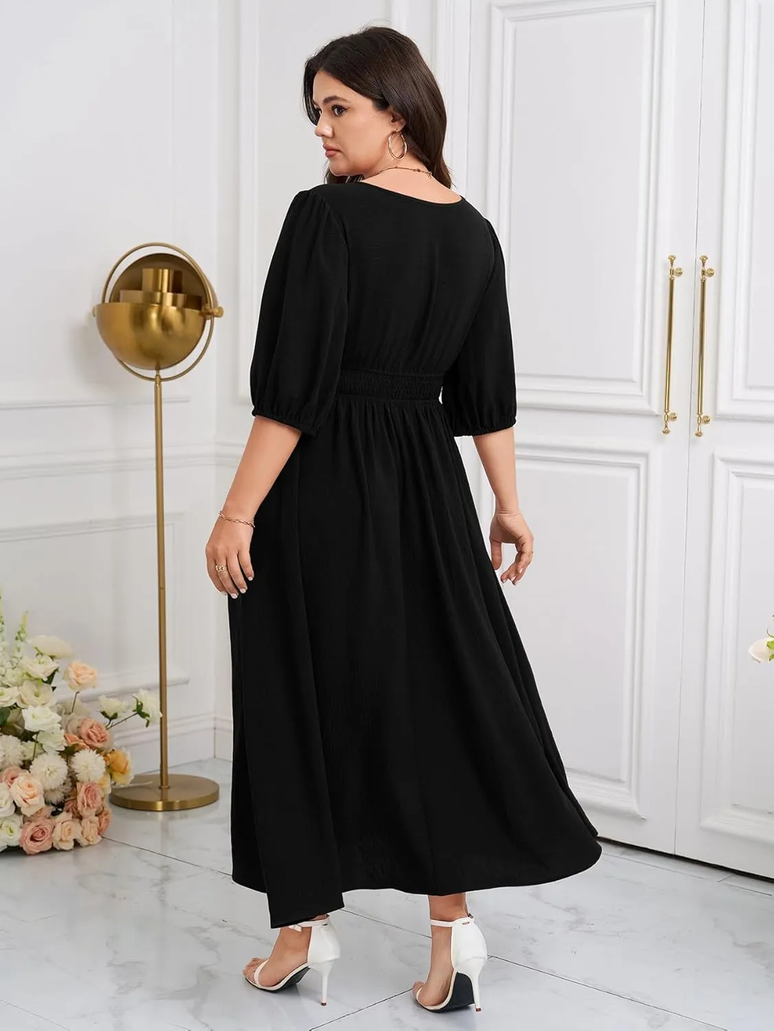 SCOMCHIC Women Plus Size Dresses V Neck 3/4 Sleeve Smocked High Waist Summer Flowy A Line Maxi Dress