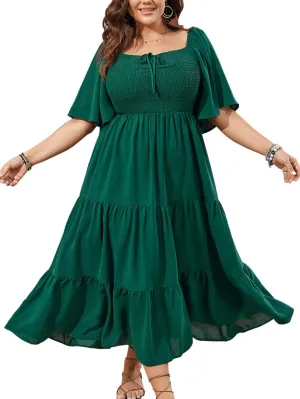 SCOMCHIC Women's Plus Size Flowy Maxi Dress Flutter Short Sleeve Boho Dress Square Neck Smocked Formal Dresses for Women