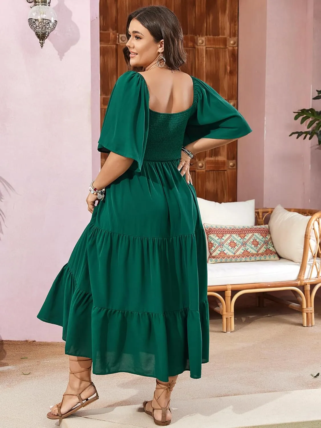 SCOMCHIC Women's Plus Size Flowy Maxi Dress Flutter Short Sleeve Boho Dress Square Neck Smocked Formal Dresses for Women