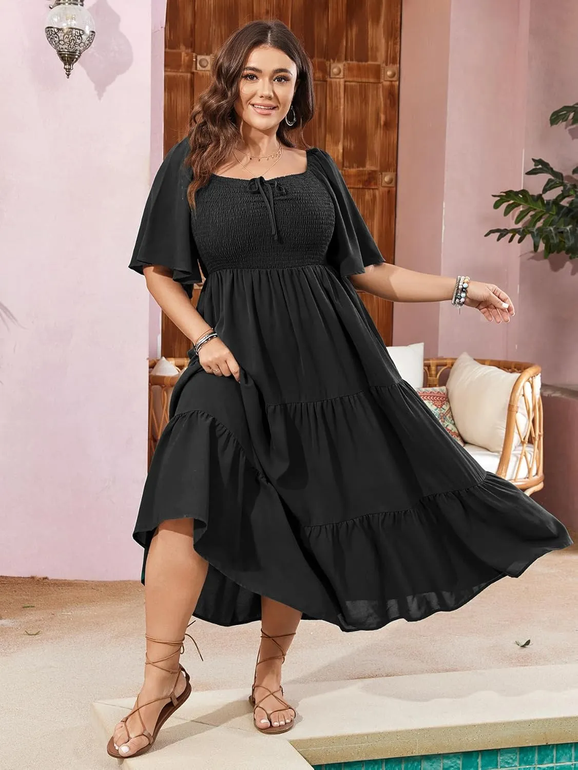 SCOMCHIC Women's Plus Size Flowy Maxi Dress Flutter Short Sleeve Boho Dress Square Neck Smocked Formal Dresses for Women