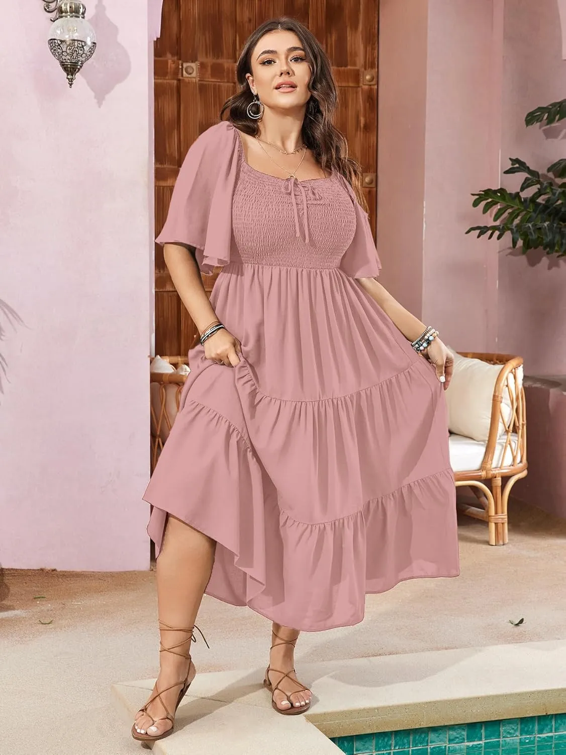 SCOMCHIC Women's Plus Size Flowy Maxi Dress Flutter Short Sleeve Boho Dress Square Neck Smocked Formal Dresses for Women