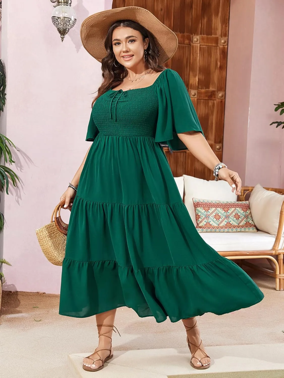 SCOMCHIC Women's Plus Size Flowy Maxi Dress Flutter Short Sleeve Boho Dress Square Neck Smocked Formal Dresses for Women