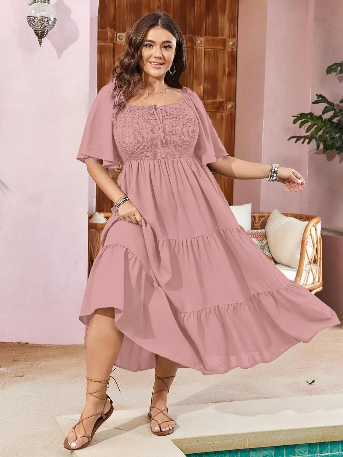 SCOMCHIC Women's Plus Size Flowy Maxi Dress Flutter Short Sleeve Boho Dress Square Neck Smocked Formal Dresses for Women