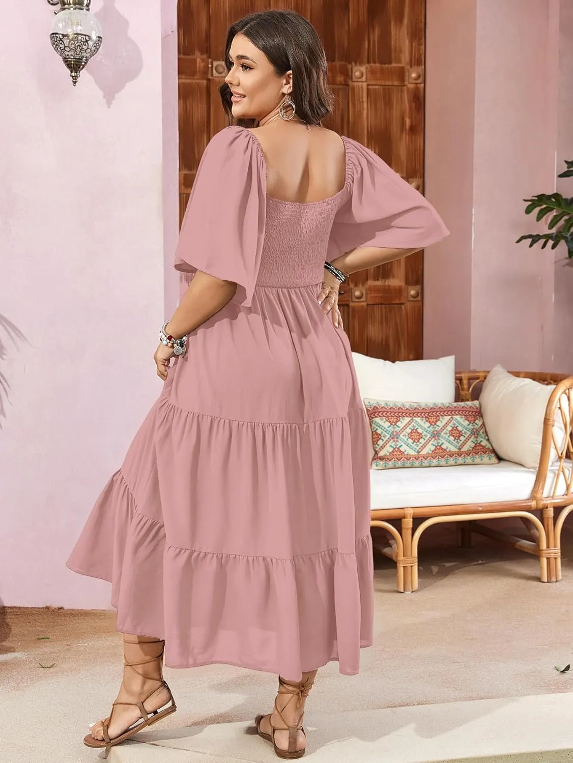 SCOMCHIC Women's Plus Size Flowy Maxi Dress Flutter Short Sleeve Boho Dress Square Neck Smocked Formal Dresses for Women