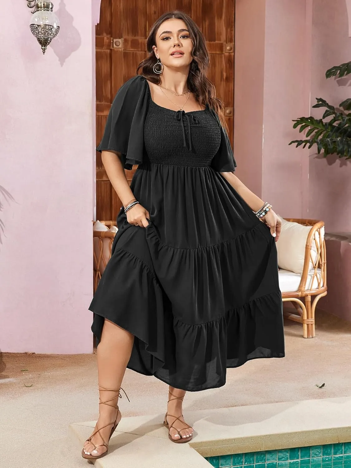 SCOMCHIC Women's Plus Size Flowy Maxi Dress Flutter Short Sleeve Boho Dress Square Neck Smocked Formal Dresses for Women